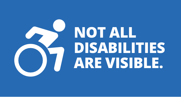 Wheelchair in motion disability symbol next to text not all disabilities are visible￼. 